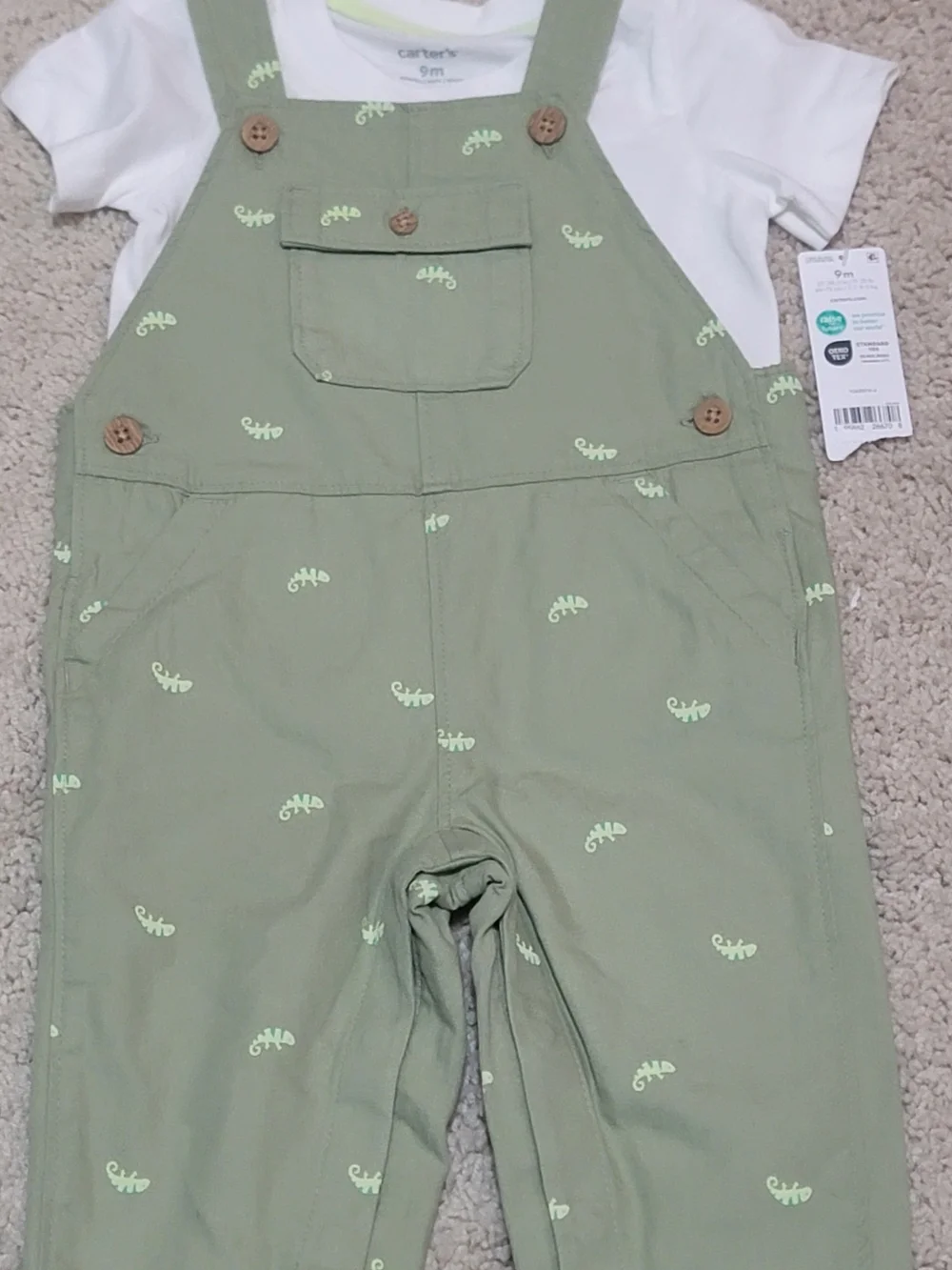 9M 2 Piece Set Carter's Olive Green Printed Baby Overalls